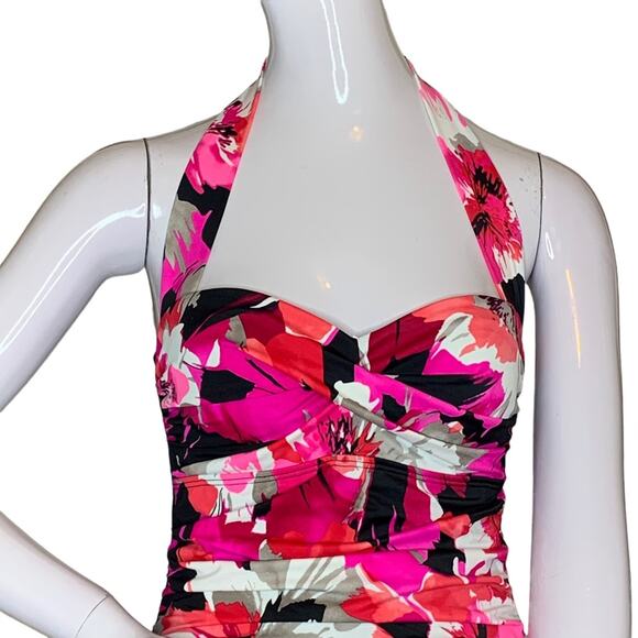 Aqua Green One Piece Swimsuit Padded Floral Pink Print Black bottom Small Halter - Picture 9 of 13